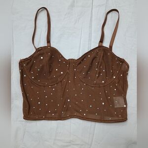 Brown Rhinestone Crop Tank Top